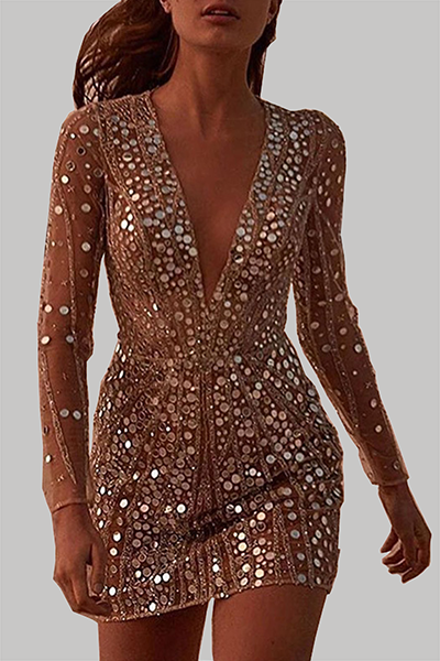 Valenzora | Elegantes Patchwork Pailletten Transparenter Mesh V-Ausschnitt Bleistiftrock Kleider
