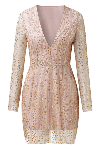 Valenzora | Elegantes Patchwork Pailletten Transparenter Mesh V-Ausschnitt Bleistiftrock Kleider