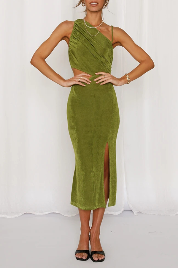 Valenzora | Elegant Solid Holes Slit Slanted Collar Pencil Skirt Dresses
