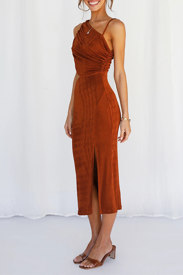Valenzora | Elegant Solid Holes Slit Slanted Collar Pencil Skirt Dresses