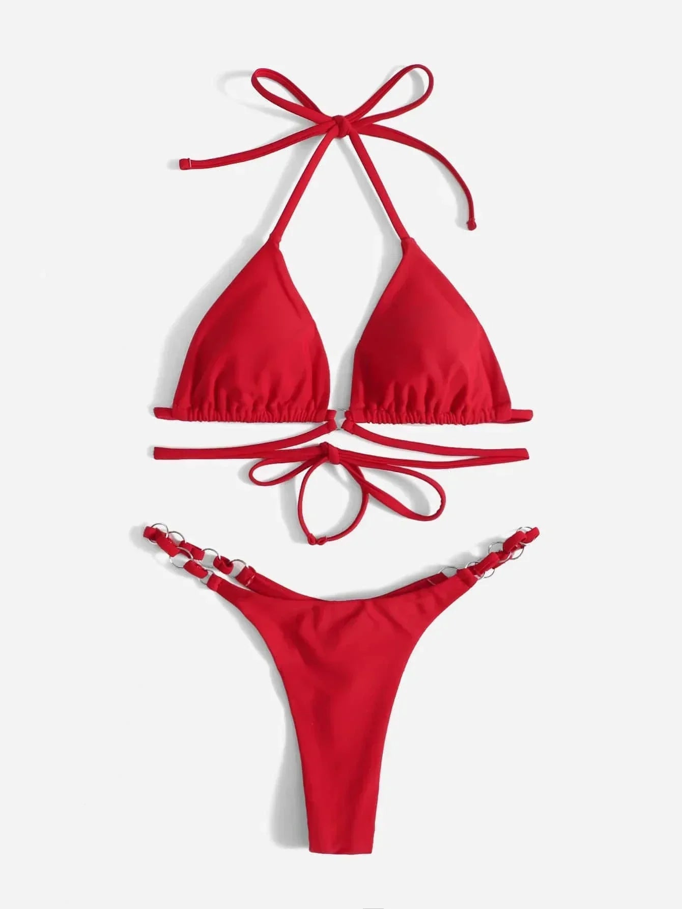 Valenzora | Roter Neckholder-Dreiecks-Bikini mit Ringdetail für Damen