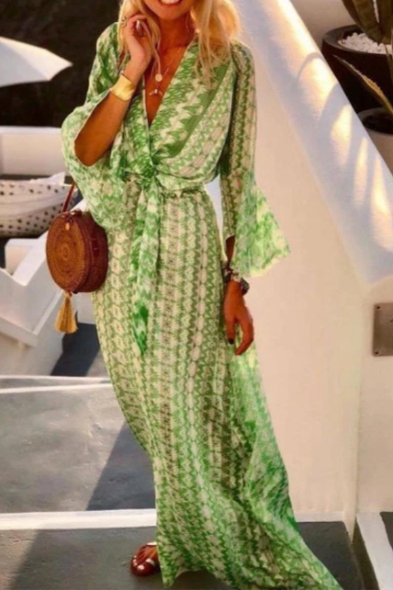Valenzora | V-neck dress with waist and printed slit Joint