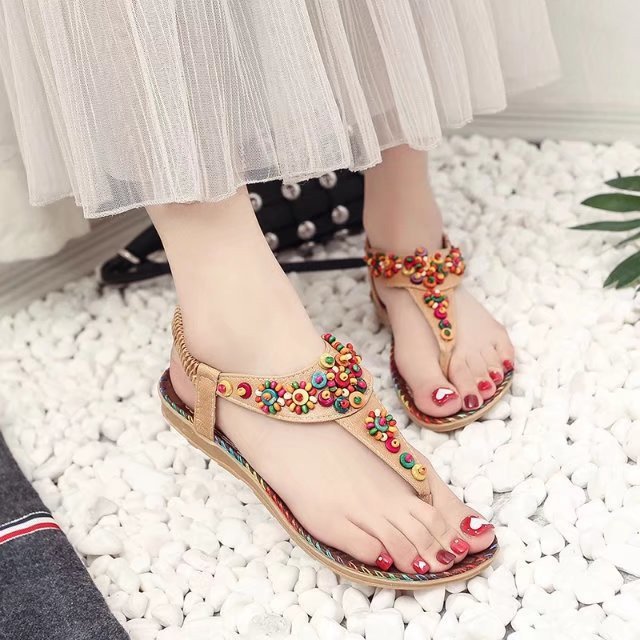 Women's sandals with colorful decorative beads and non-slip sole, size S