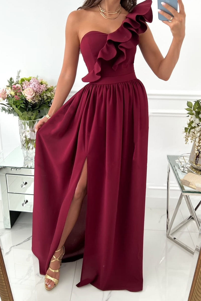 Valenzora | Sexy Elegant Print Patchwork Ruffle Asymmetrical Collar Dresses