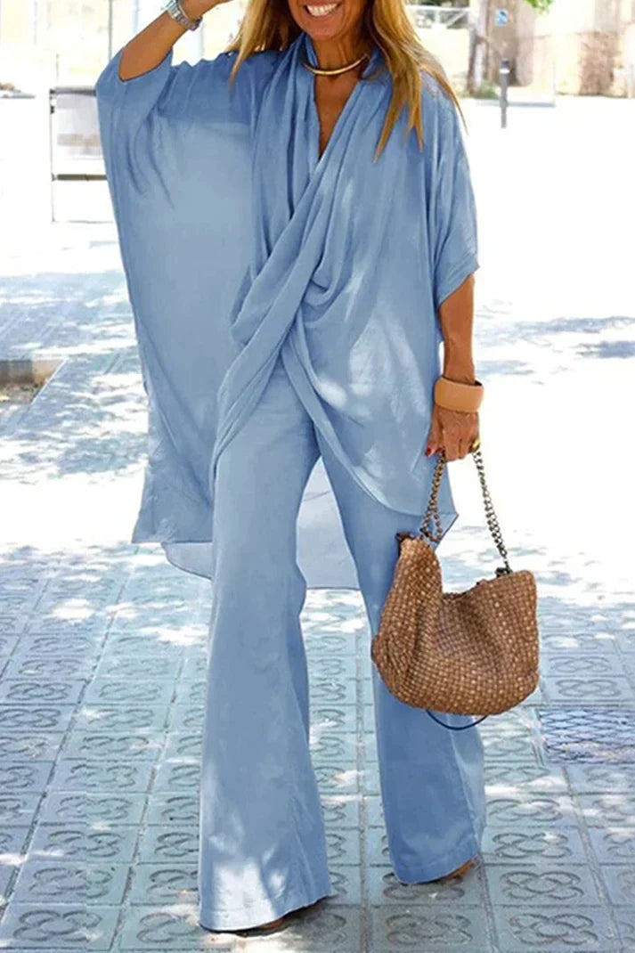 Valenzora - Asymmetrical V-neck Half sleeves Two-piece set