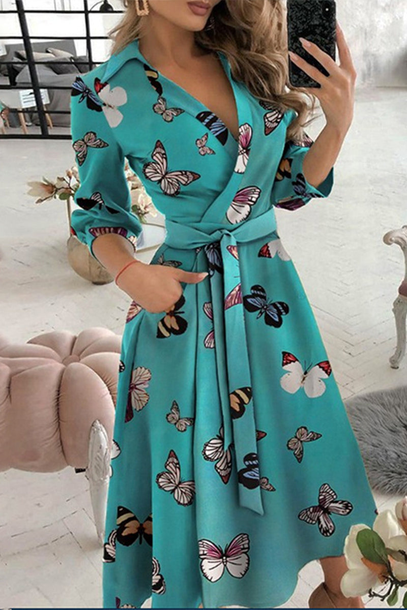 Valenzora | Elegant printed A-line dresses with a folded collar