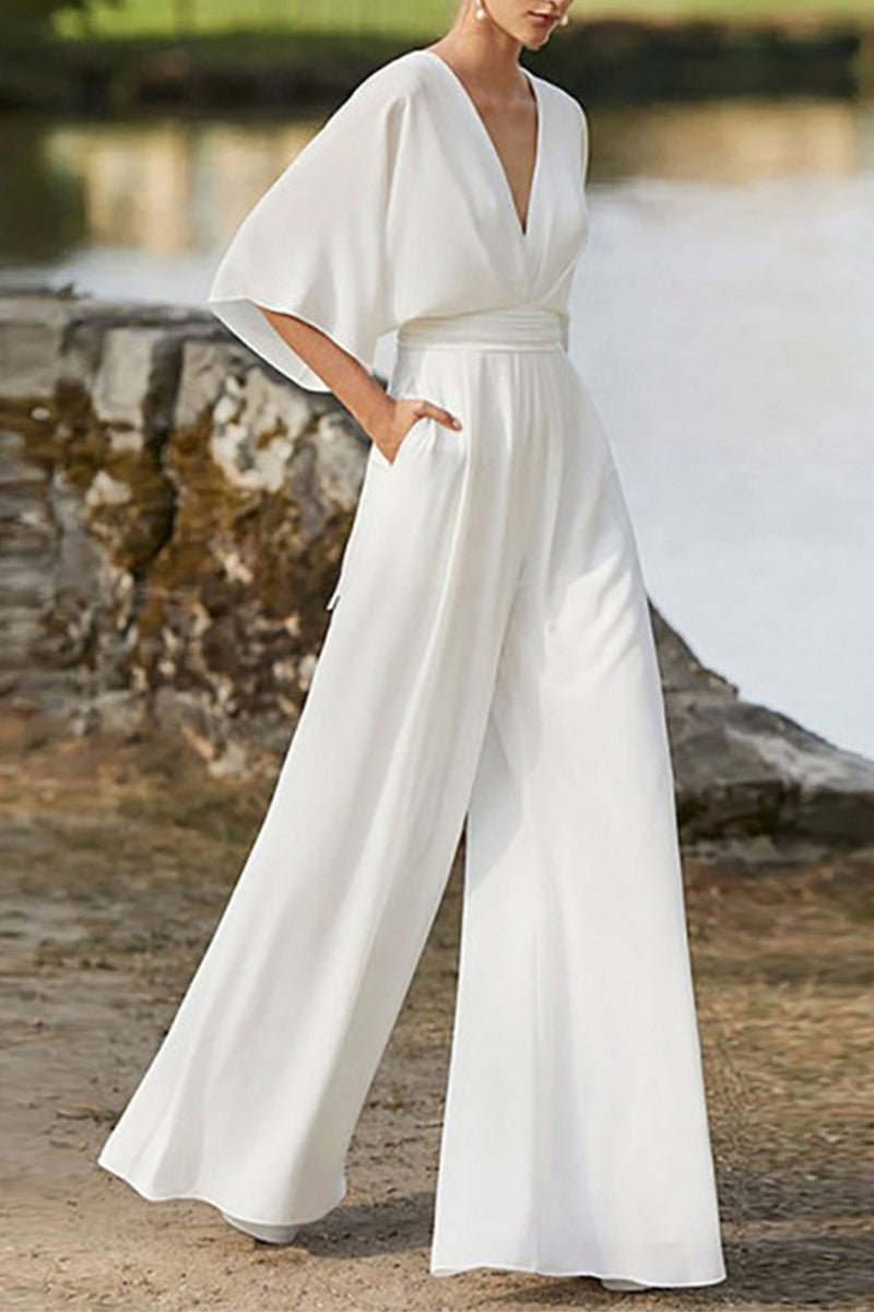 Valenzora | Elegant solid color V-neck boot cut jumpsuits