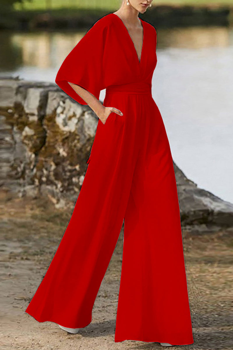 Valenzora | Elegant solid color V-neck boot cut jumpsuits