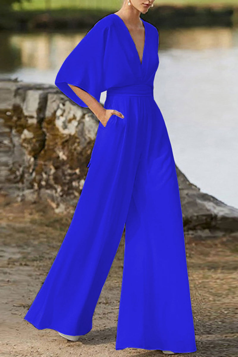 Valenzora | Elegant solid color V-neck boot cut jumpsuits