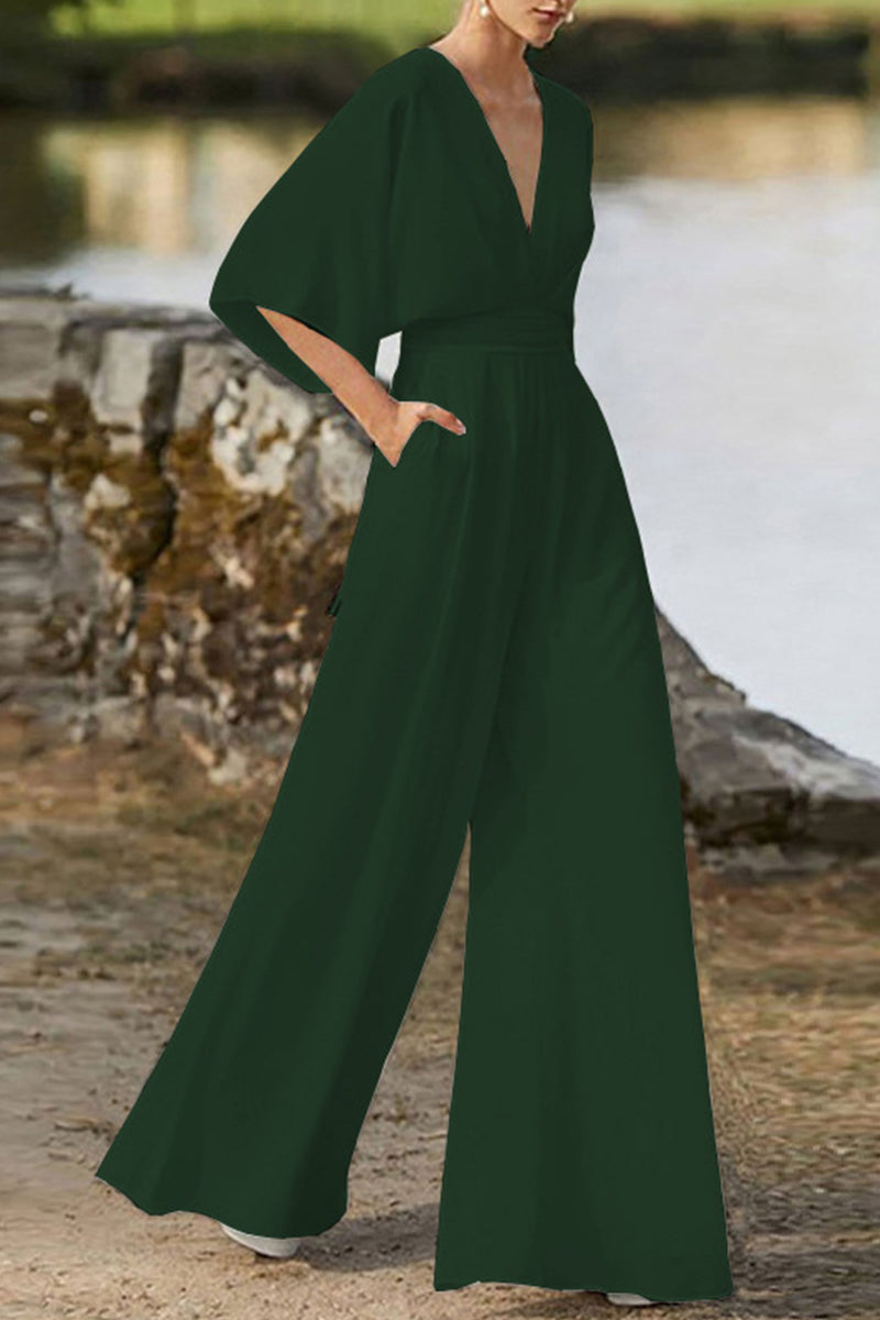 Valenzora | Elegant solid color V-neck boot cut jumpsuits