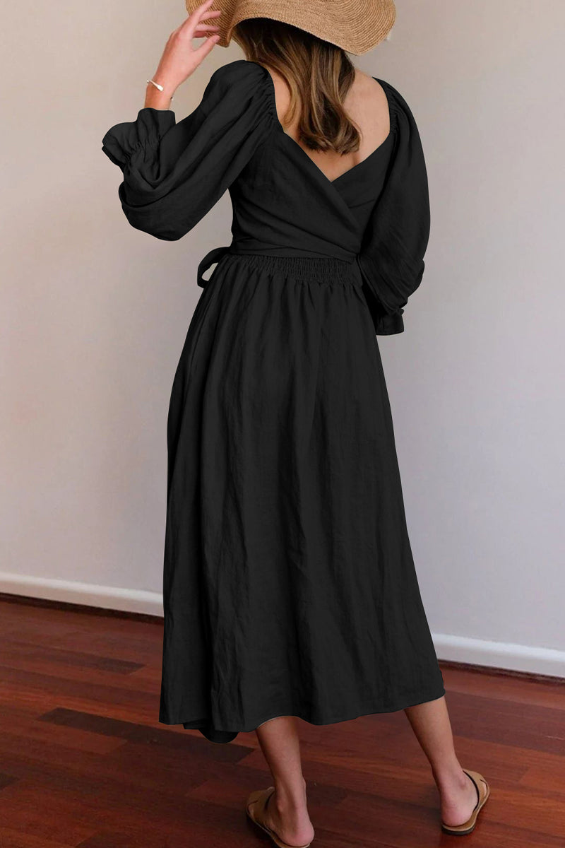 Valenzora | Elegant solid color ruffle square collar A-line dresses