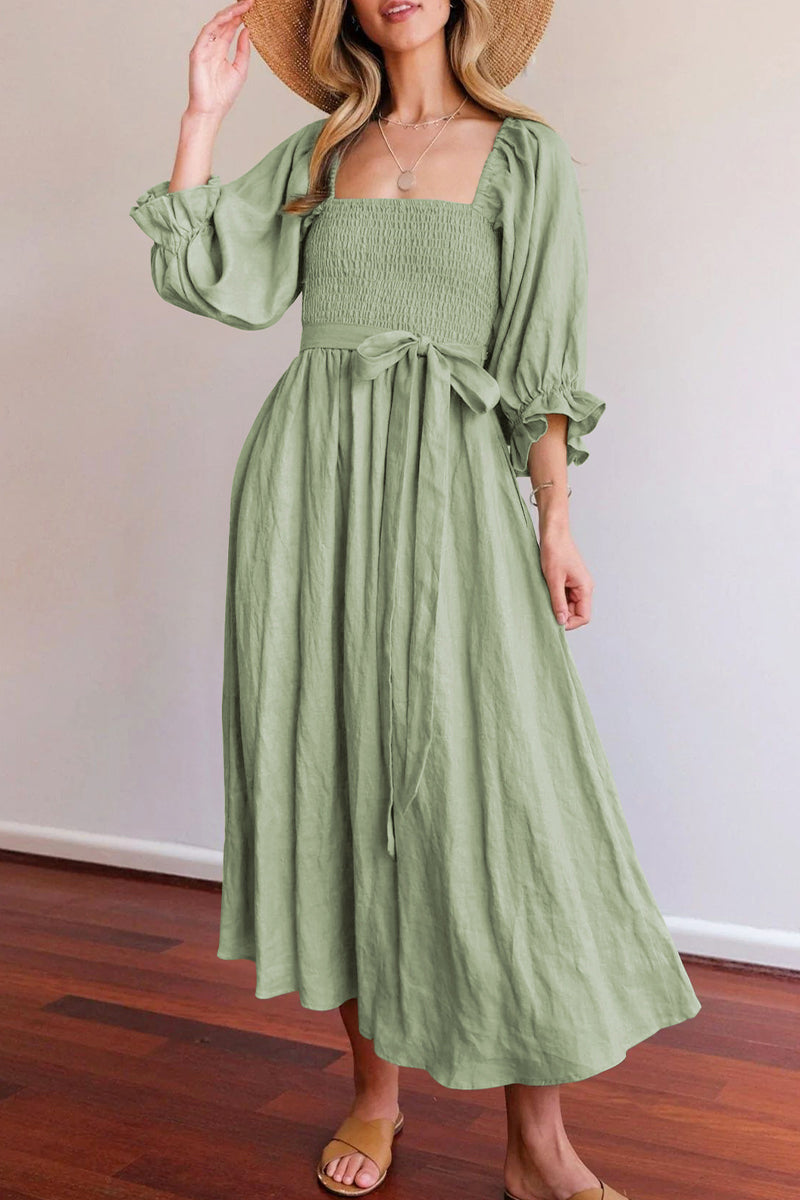 Valenzora | Elegant solid color ruffle square collar A-line dresses