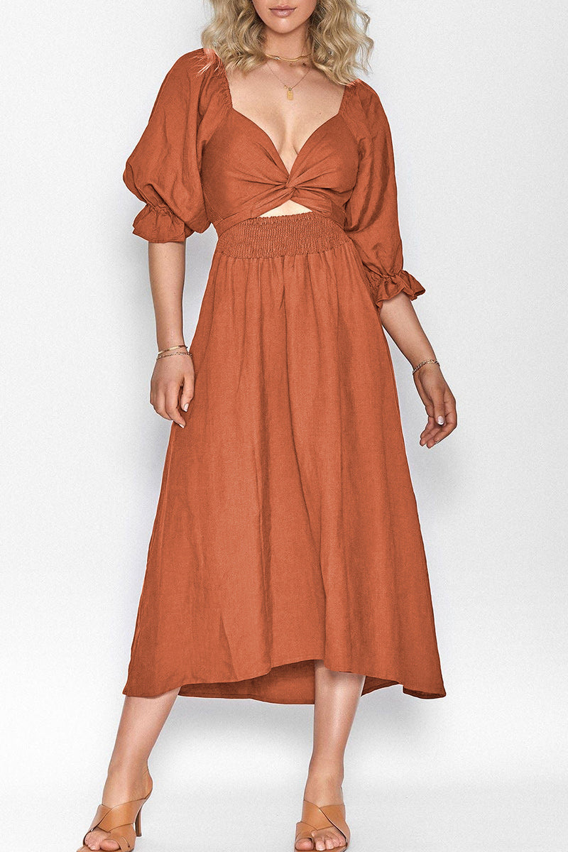 Valenzora | Elegant solid color ruffle square collar A-line dresses