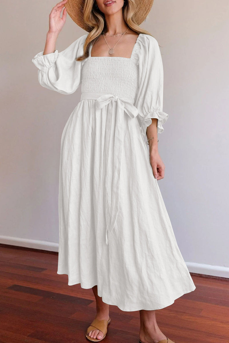 Valenzora | Elegant solid color ruffle square collar A-line dresses