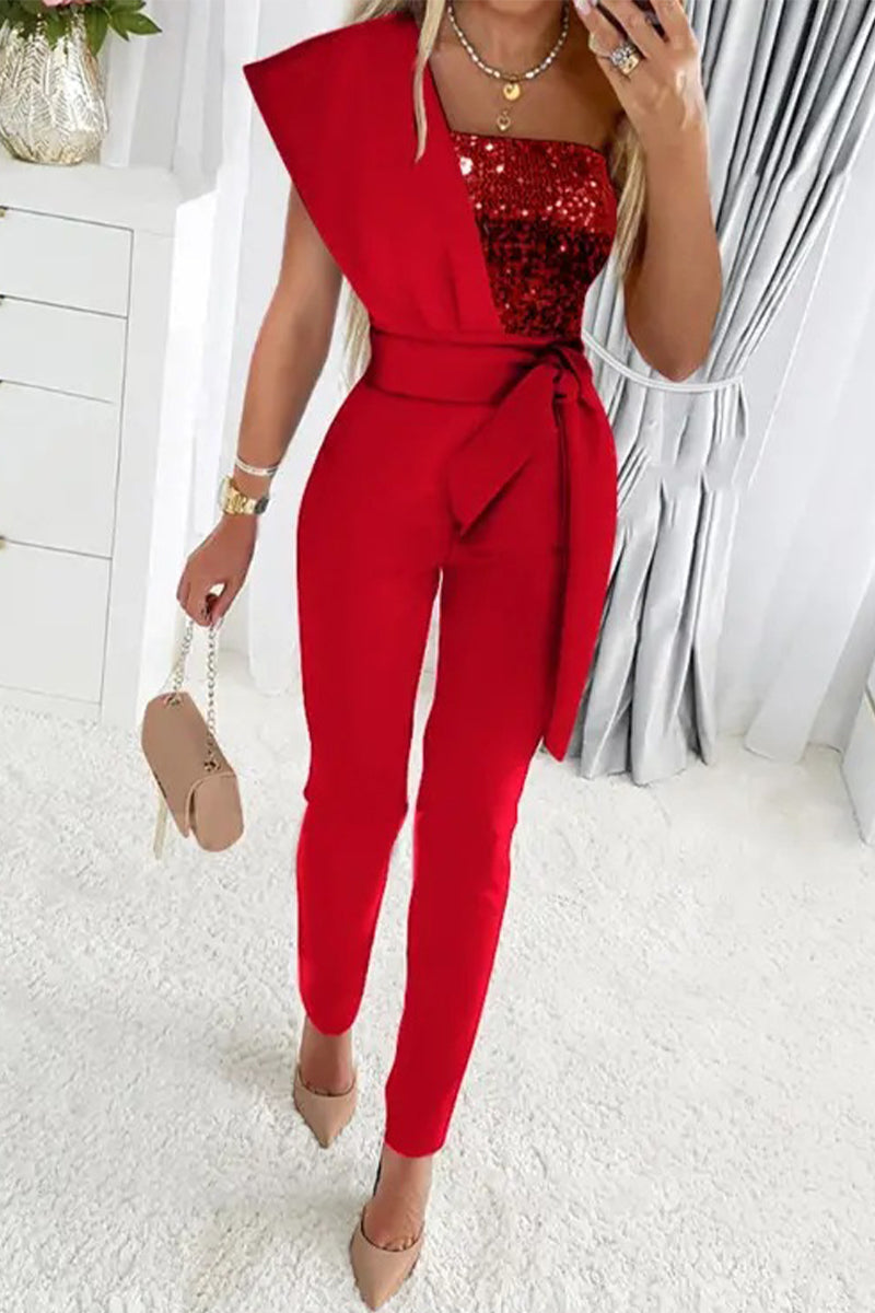 Valenzora | Elegante Pailletten-Jumpsuits mit asymmetrischem Kragen und Patchworkmuster – 5 Farben