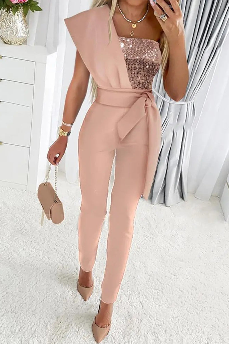 Valenzora | Elegante Pailletten-Jumpsuits mit asymmetrischem Kragen und Patchworkmuster – 5 Farben