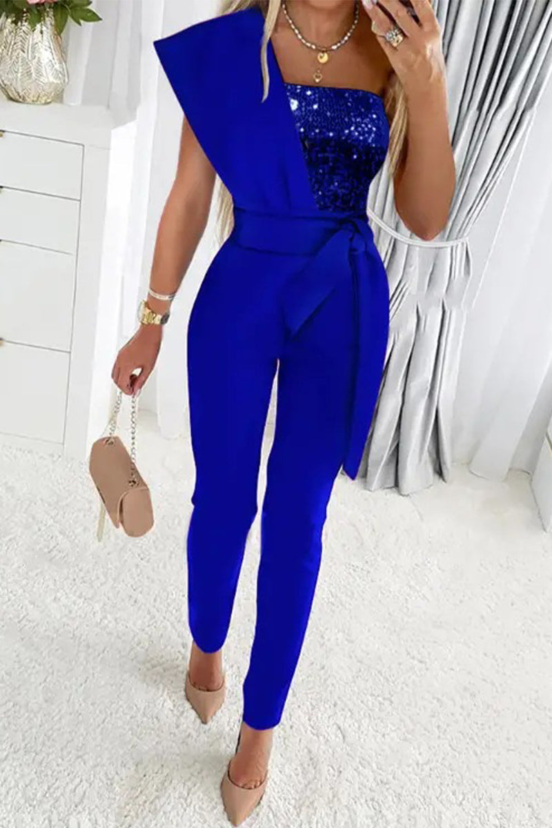 Valenzora | Sweet Elegant Patchwork Sequin Asymmetrical Collar Regular Jumpsuits - 5 Colors