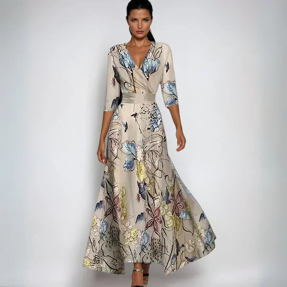 Valenzora | Maxikleid mit V-Ausschnitt und lebhaftem, abstraktem Print für Damen
