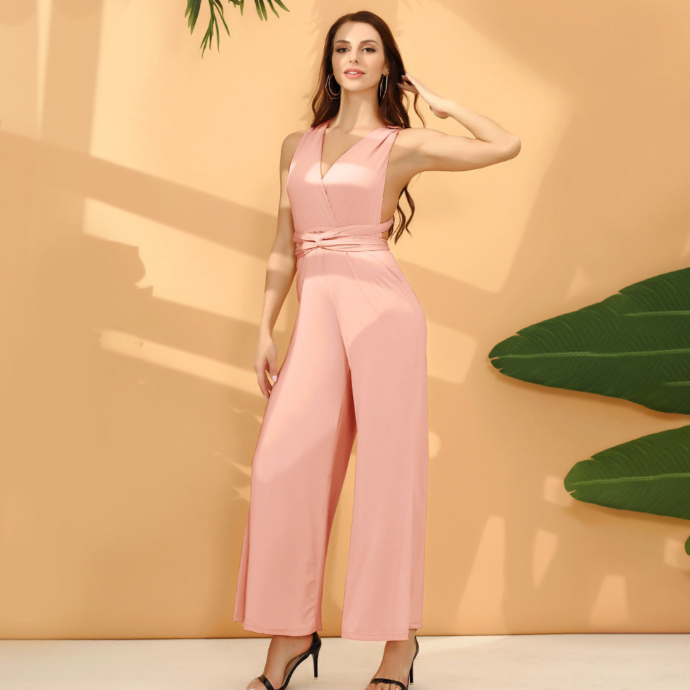 Eleganter Damen-Jumpsuit mit tiefem V-Ausschnitt und innovativem Wickeldesign, Größe S