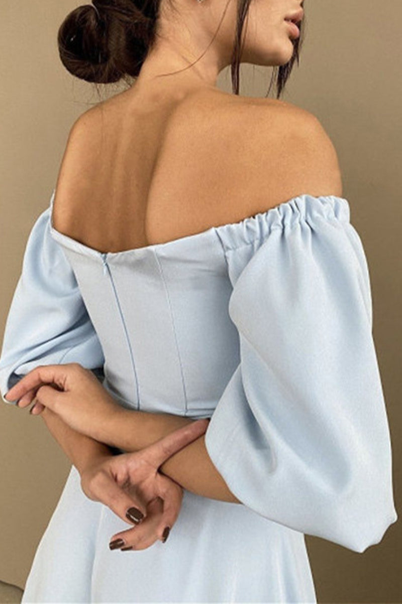 Valenzora | Elegant solid color off-the-shoulder A-line short-sleeved dress
