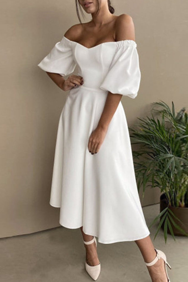 Valenzora | Elegant solid color off-the-shoulder A-line short-sleeved dress