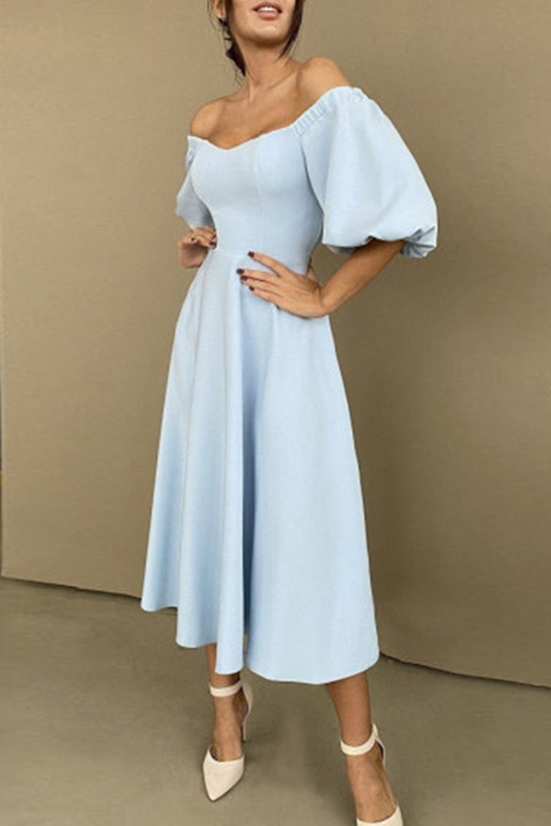 Valenzora | Elegant solid color off-the-shoulder A-line short-sleeved dress