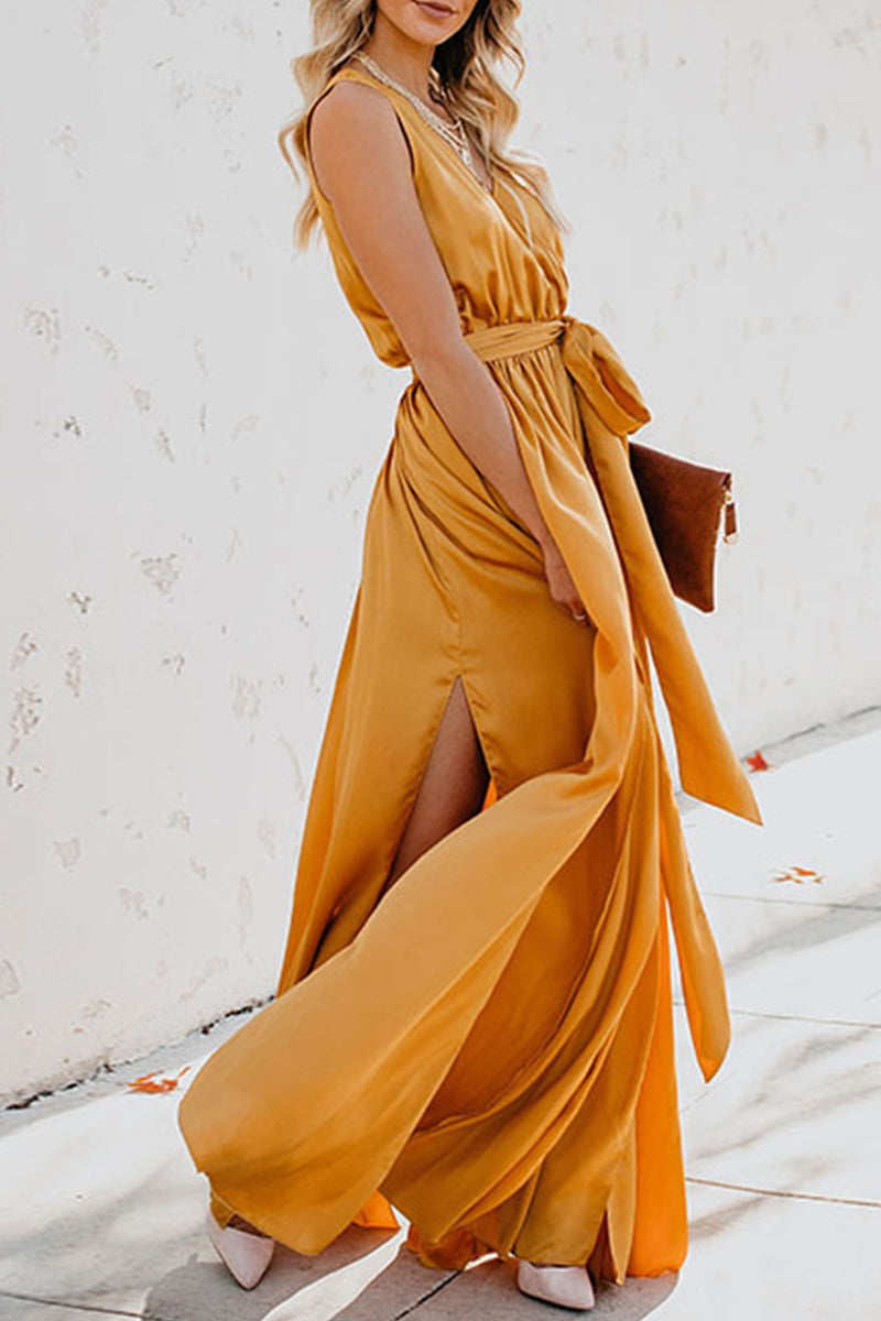 Valenzora | Elegant Solid Color High Opening V-Neck Sleeveless Dress - 3 Colors