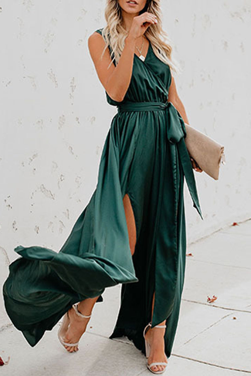 Valenzora | Elegant Solid Color High Opening V-Neck Sleeveless Dress - 3 Colors
