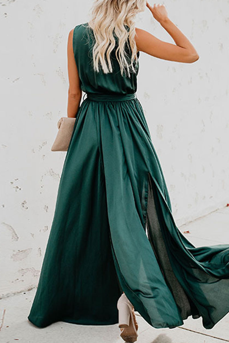 Valenzora | Elegant Solid Color High Opening V-Neck Sleeveless Dress - 3 Colors