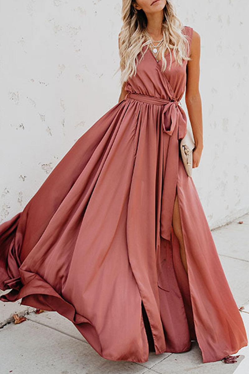 Valenzora | Elegant Solid Color High Opening V-Neck Sleeveless Dress - 3 Colors