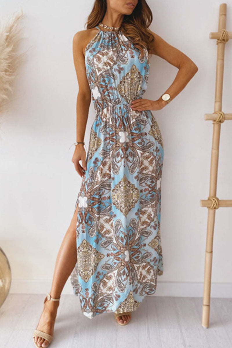 Valenzora | Vintage Elegant Print Halter A-Line Dresses
