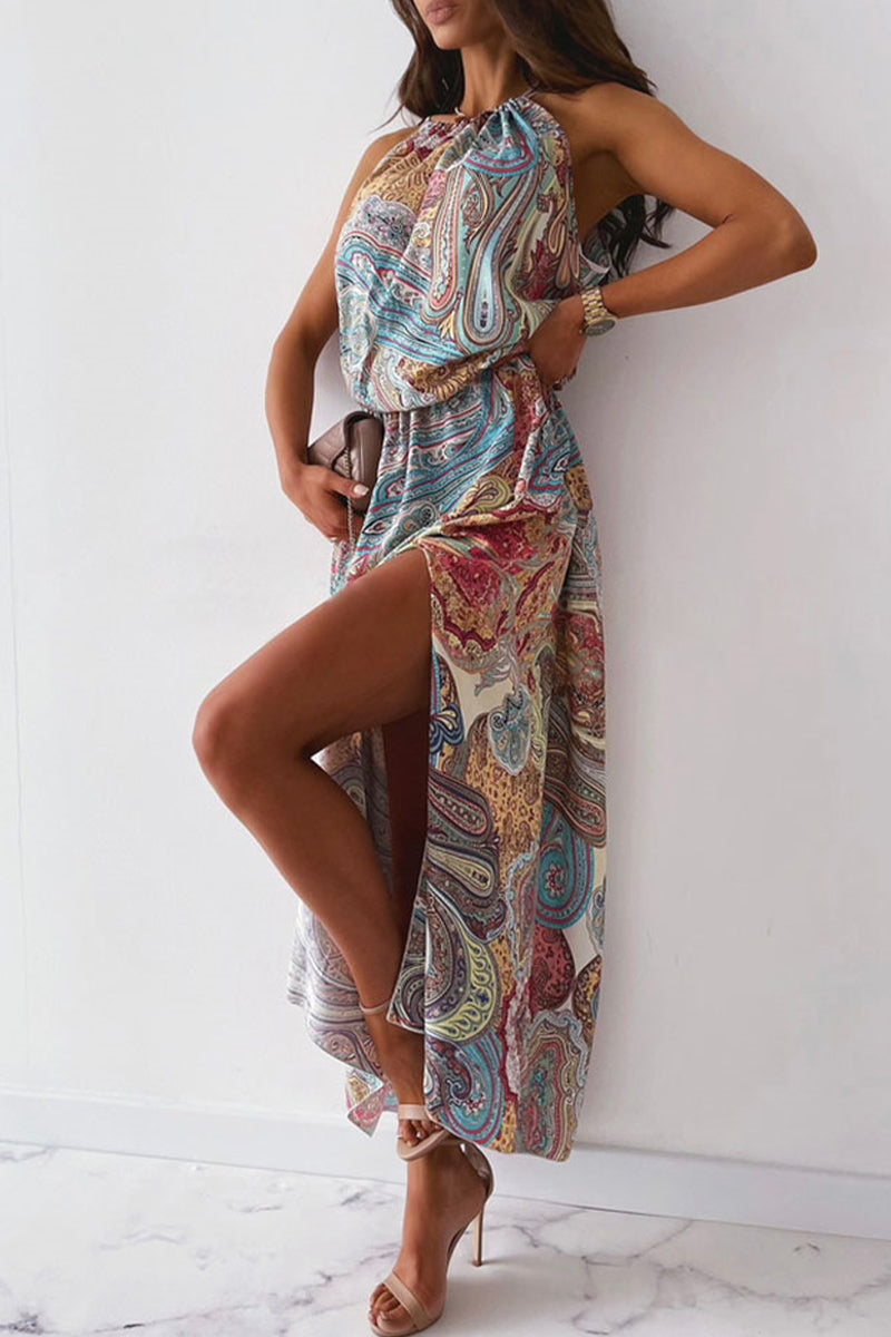 Valenzora | Vintage Elegant Print Halter A-Line Dresses