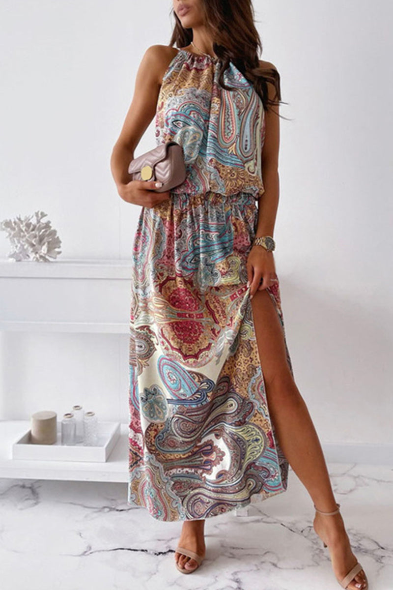 Valenzora | Vintage Elegant Print Halter A-Line Dresses