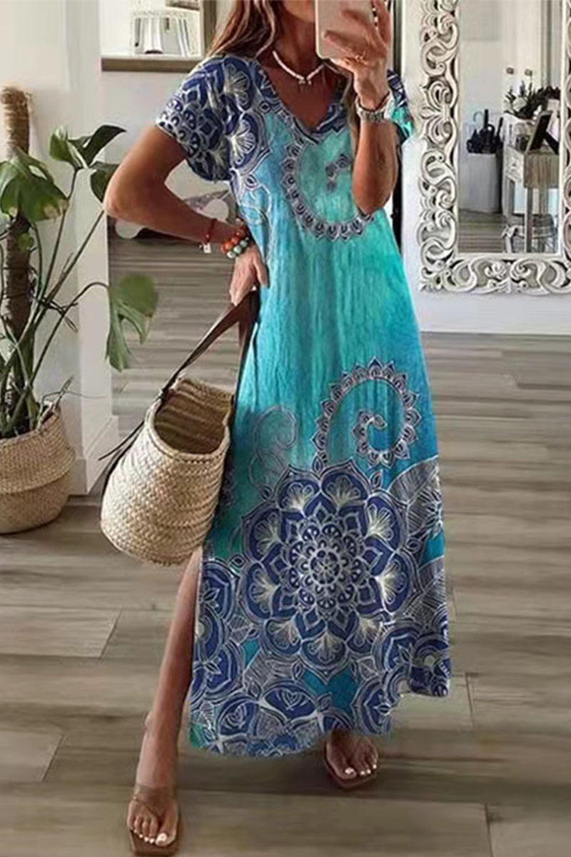 Valenzora | Casual Mixed Print Patchwork Overseas Printed Dress Short Sleeve Dress