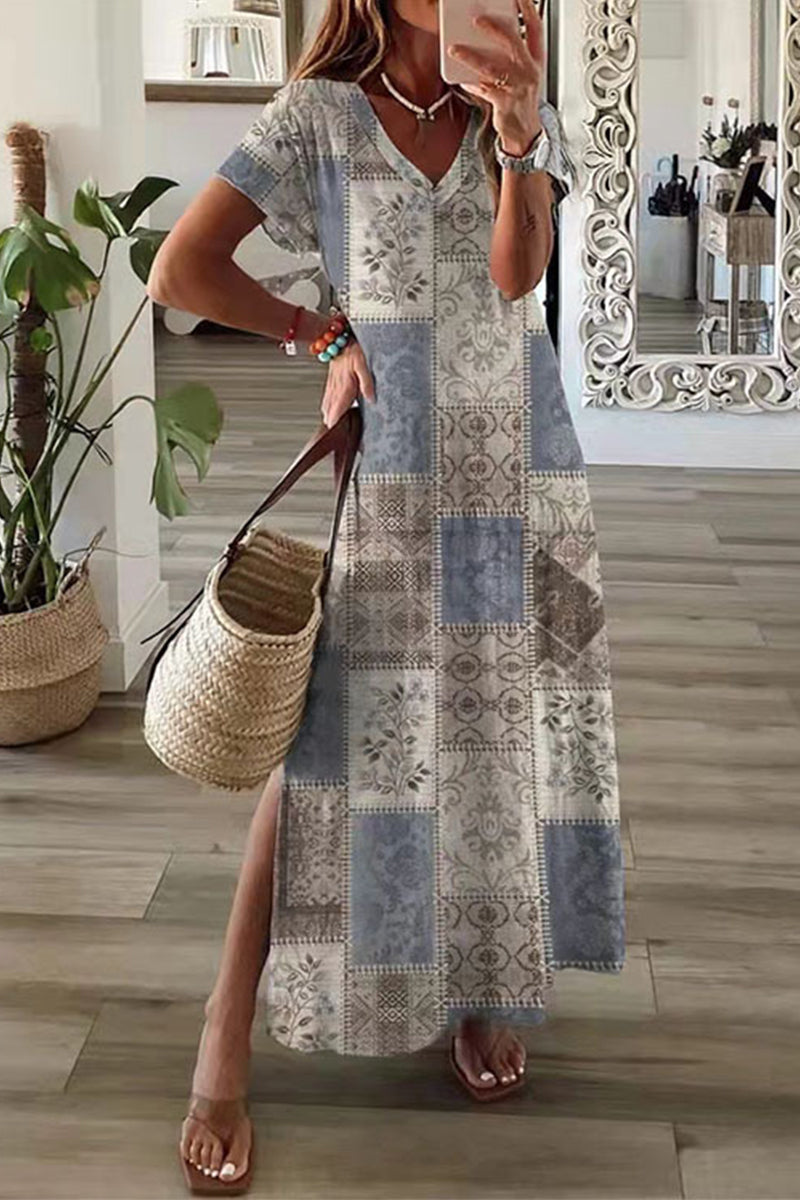 Valenzora | Casual Mixed Print Patchwork Overseas Printed Dress Short Sleeve Dress