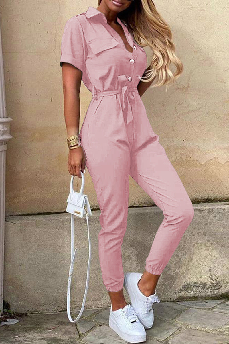 Valenzora | Lässiger einfarbiger Jumpsuit mit Gürtel und Umlegekragen