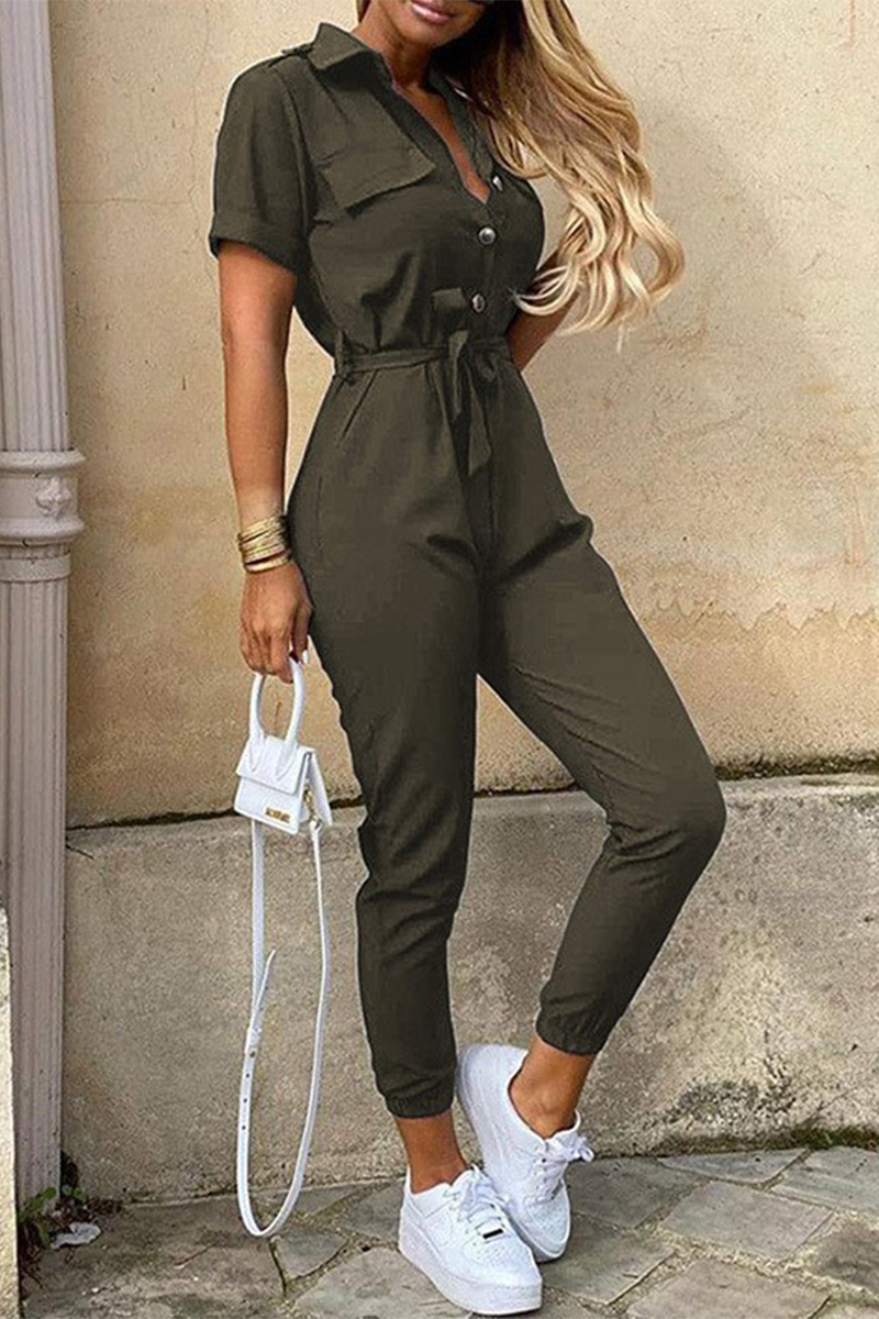 Valenzora | Lässiger einfarbiger Jumpsuit mit Gürtel und Umlegekragen