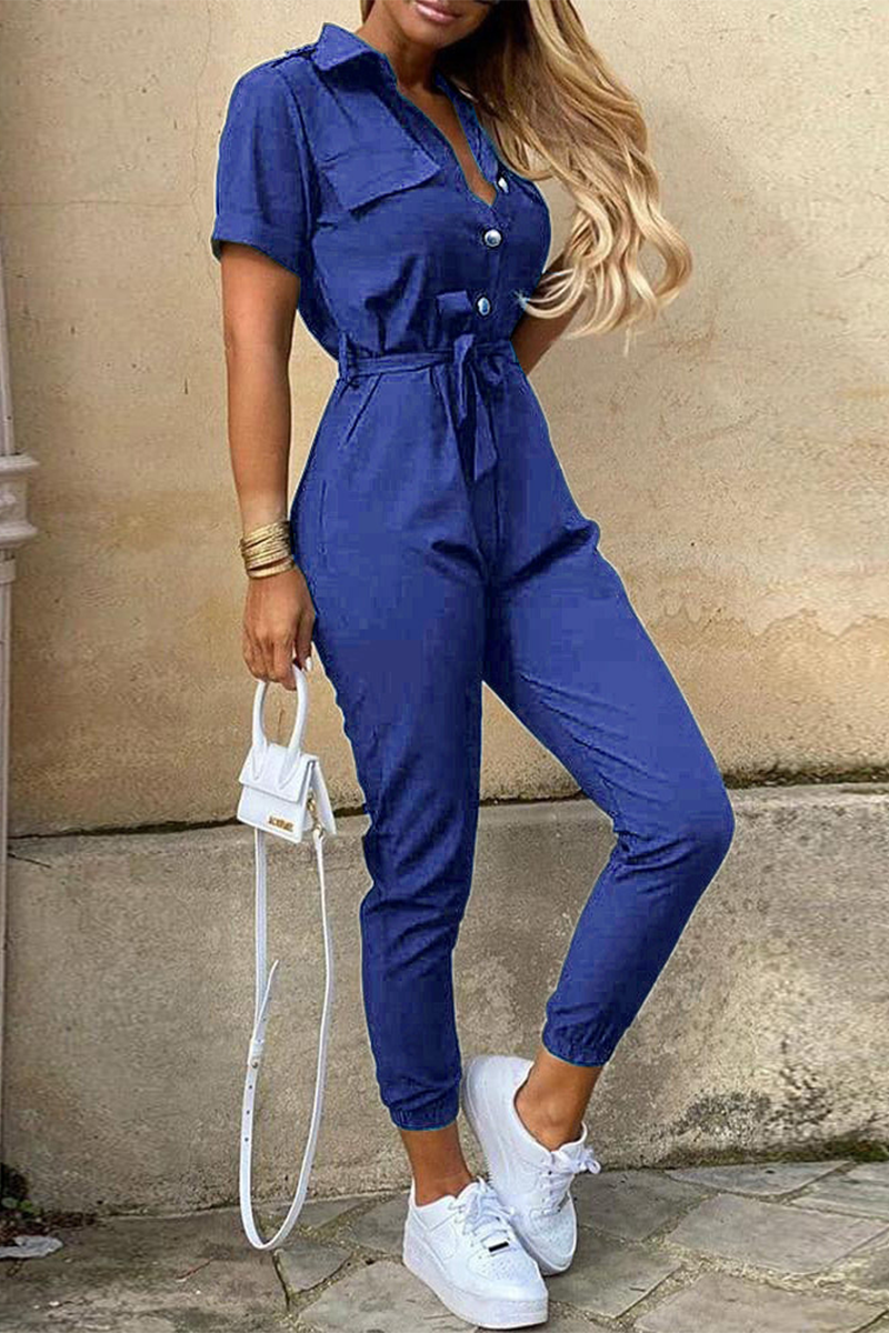 Valenzora | Lässiger einfarbiger Jumpsuit mit Gürtel und Umlegekragen