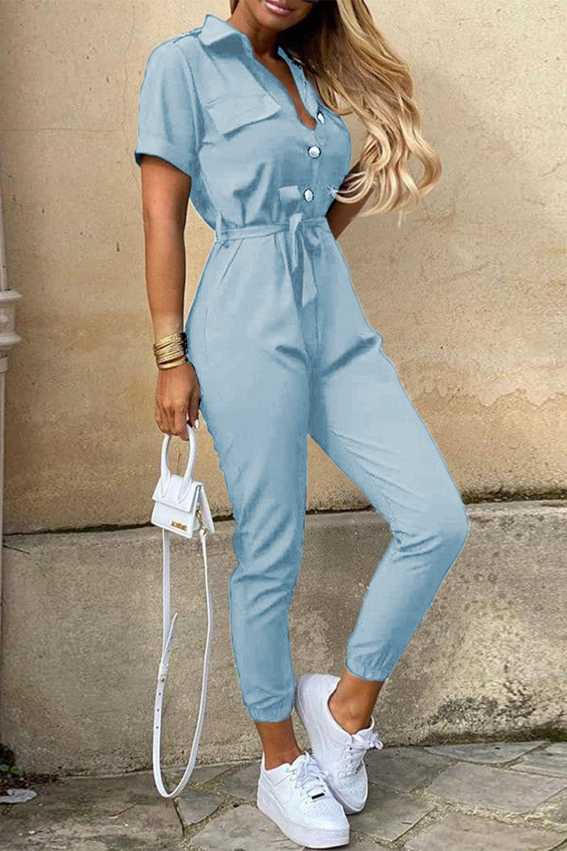 Valenzora | Lässiger einfarbiger Jumpsuit mit Gürtel und Umlegekragen