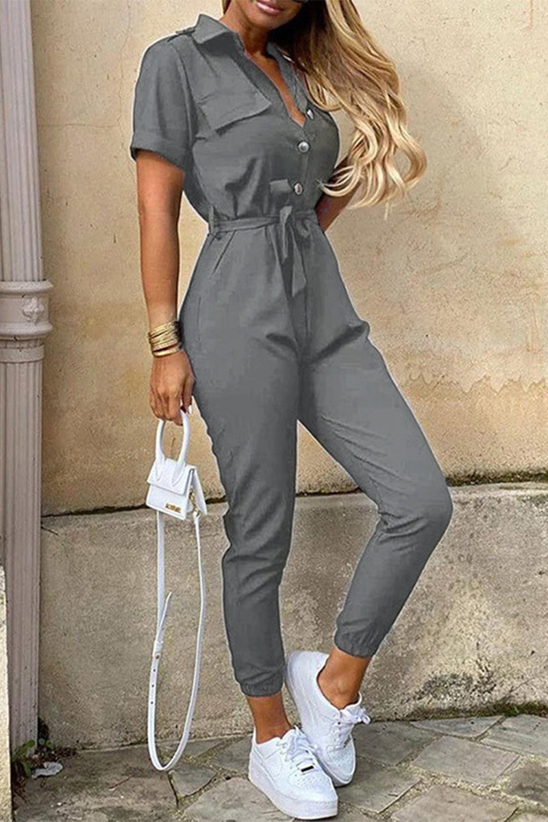 Valenzora | Lässiger einfarbiger Jumpsuit mit Gürtel und Umlegekragen