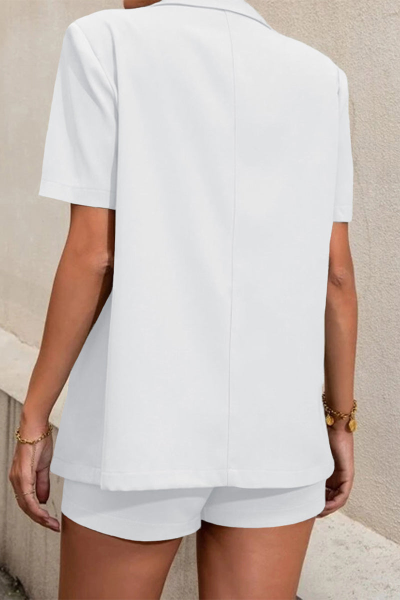 Valenzora | Casual work, solid color, buttons, fold-over collar, short sleeves, two-piece set