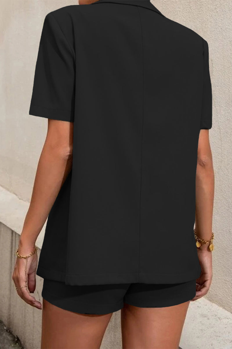 Valenzora | Casual work, solid color, buttons, fold-over collar, short sleeves, two-piece set