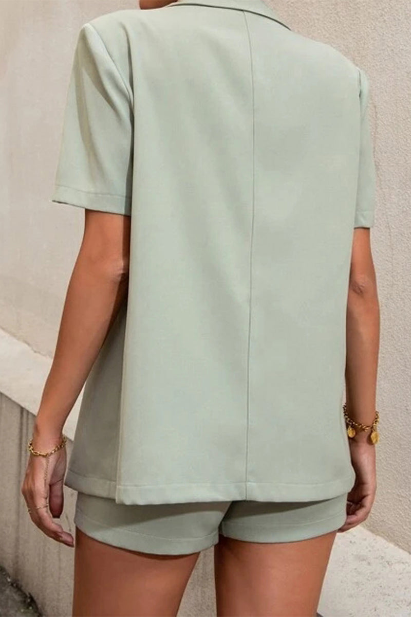 Valenzora | Casual work, solid color, buttons, fold-over collar, short sleeves, two-piece set