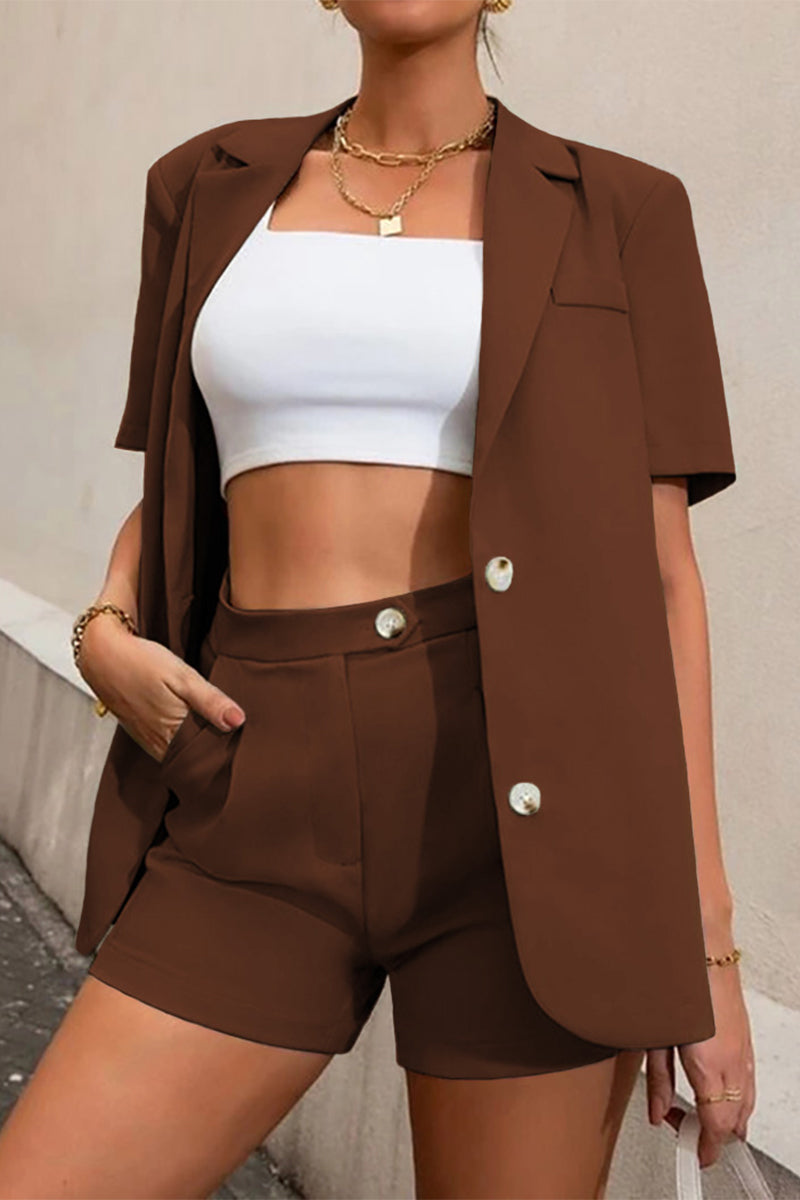 Valenzora | Casual work, solid color, buttons, fold-over collar, short sleeves, two-piece set