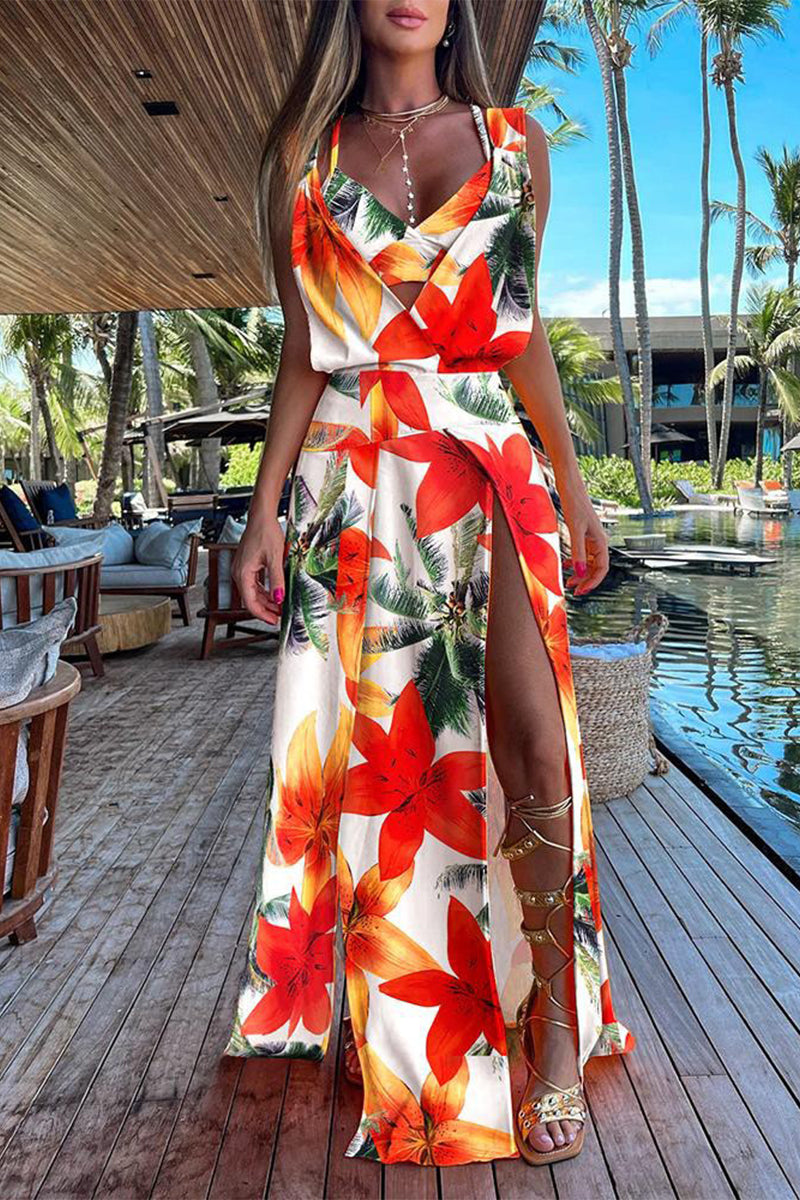Valenzora | Casual Holiday Print Patchwork Frenulum V-Neck Sleeveless Two-Piece Set - 6 Colors