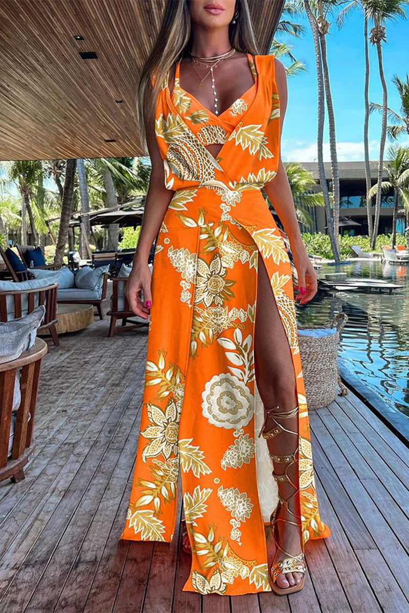 Valenzora | Casual Holiday Print Patchwork Frenulum V-Neck Sleeveless Two-Piece Set - 6 Colors