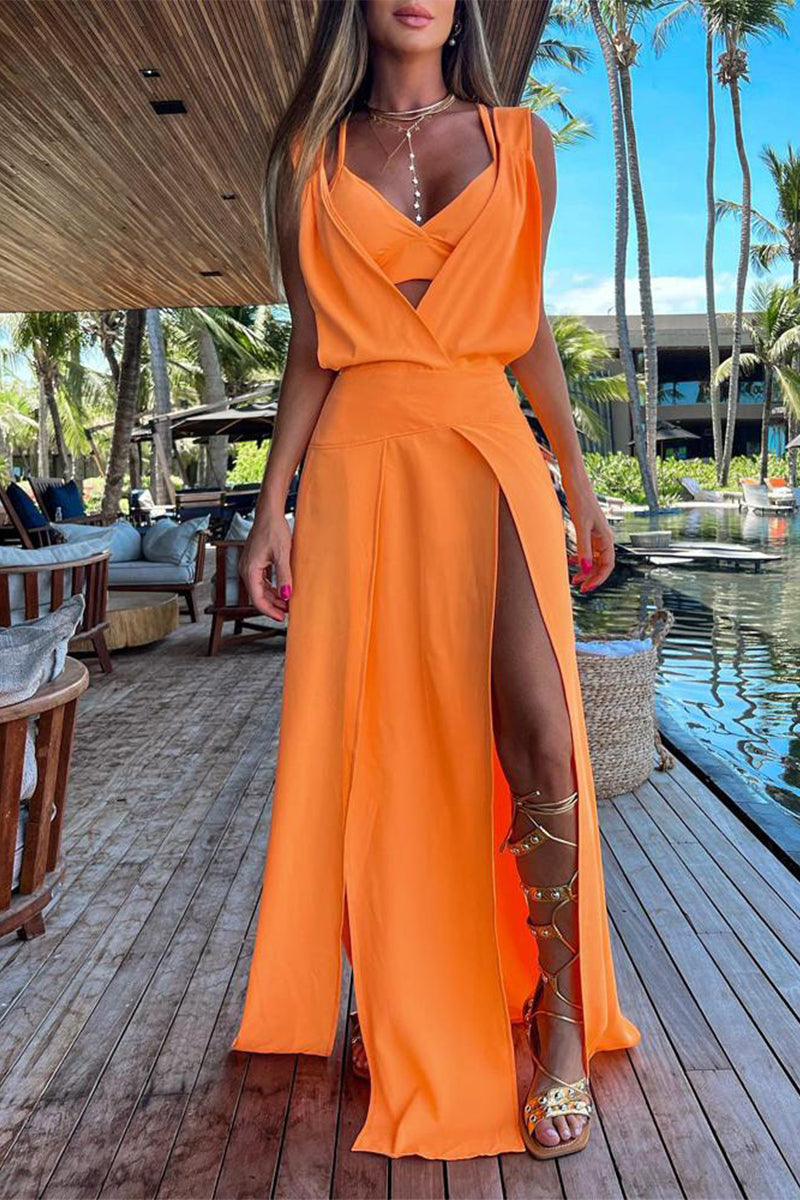 Valenzora | Casual Holiday Print Patchwork Frenulum V-Neck Sleeveless Two-Piece Set - 6 Colors