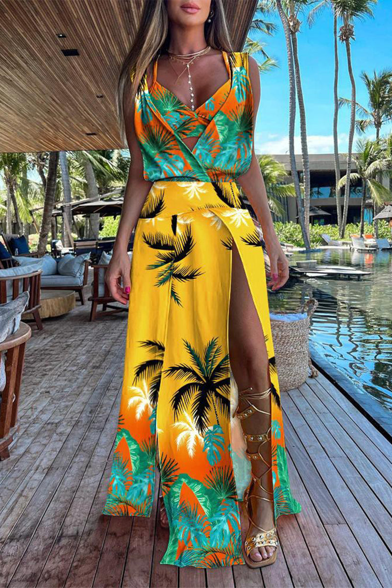 Valenzora | Casual Holiday Print Patchwork Frenulum V-Neck Sleeveless Two-Piece Set - 6 Colors