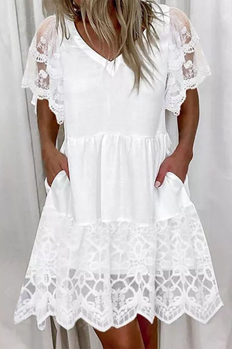 Valenzora | Süßes, elegantes, festes, Spitzen-, Taschen-, A-Linien-, Kurzarmkleid