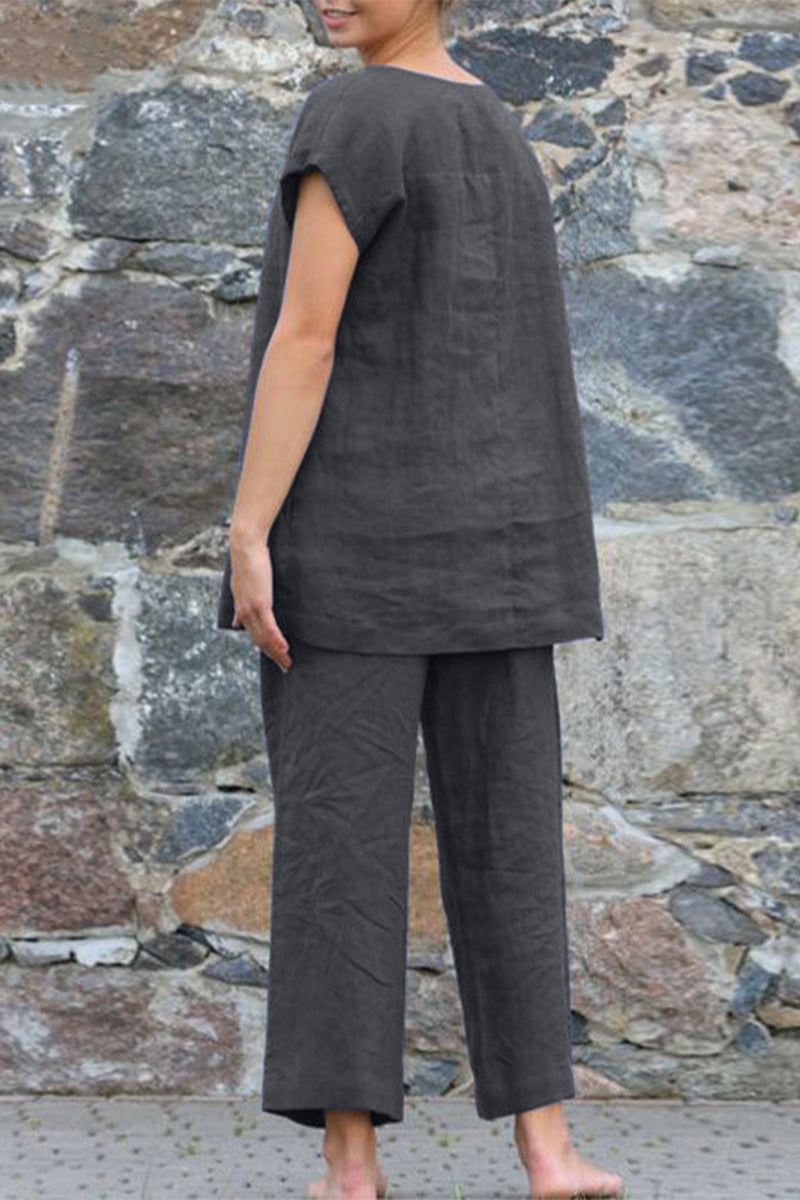 Valenzora | Casual Simplicity Solid Color Crew Neck Short Sleeve Two-Piece